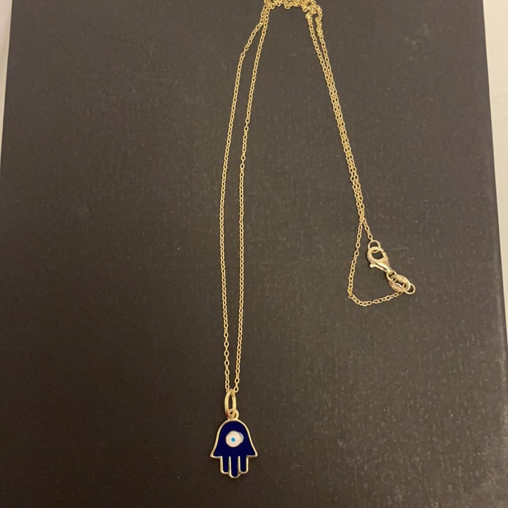 New 14KT gold plate enamel hamsa eye necklace.